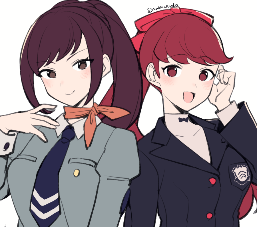 2girls blue_necktie brown_eyes brown_hair buttons closed_mouth do_m_kaeru grey_jacket hair_ribbon jacket kirishima_eriko long_hair long_sleeves looking_at_viewer multiple_girls necktie open_mouth orange_scarf persona persona_1 persona_5 persona_5_the_royal pocket ponytail red_eyes red_ribbon ribbon scarf school_uniform shirt shuujin_academy_school_uniform simple_background smile st._hermelin_school_uniform trait_connection twitter_username white_background white_shirt yoshizawa_kasumi