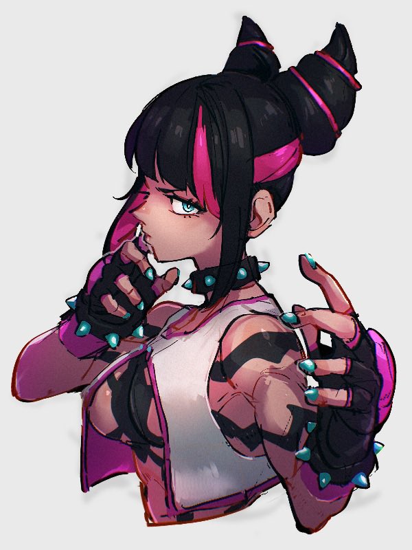 1girl black_gloves black_hair blue_eyes bracelet breasts collar cone_hair_bun double_bun fingerless_gloves gloves grey_background hair_bun han_juri jewelry kemachiku looking_at_viewer medium_breasts multicolored_hair pink_hair simple_background solo spiked_bracelet spiked_collar spikes street_fighter street_fighter_6 two-tone_hair upper_body