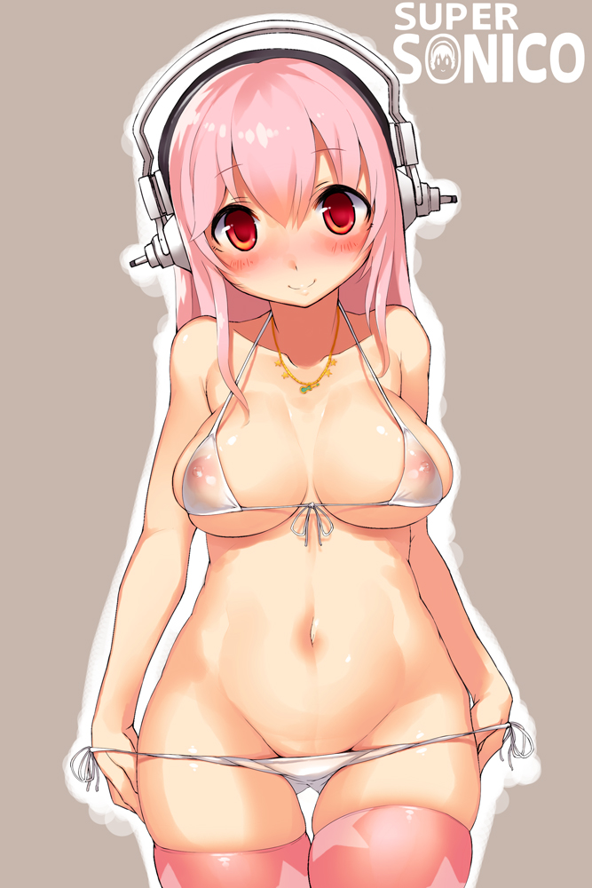 1girl bikini bikini_pull blush breasts character_name cleavage clothes_pull cowboy_shot female_focus front-tie_top groin halterneck headphones imazon jewelry large_breasts long_hair looking_at_viewer navel necklace nipples nitroplus pink_hair pink_thighhighs pulling_own_clothes red_eyes see-through_clothes side-tie_bikini_bottom smile solo star_(symbol) star_print super_sonico swimsuit thighhighs white_bikini