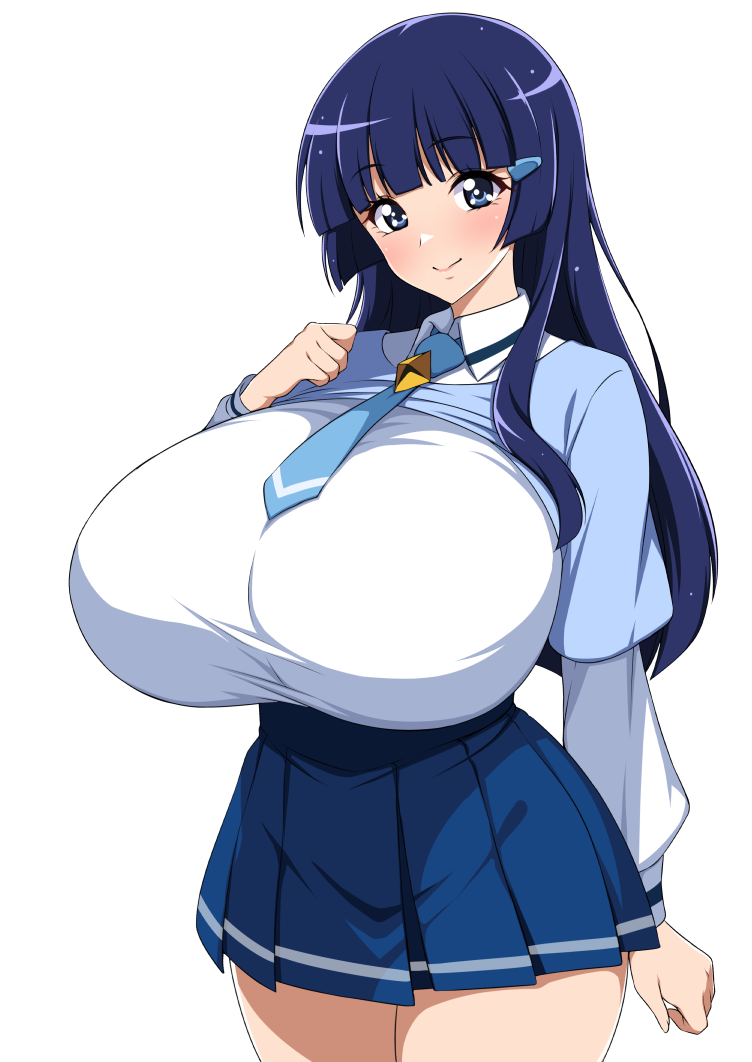 1girl alternate_body_size alternate_breast_size aoki_reika blue_hair blue_skirt breasts collared_shirt cowboy_shot curvy gigantic_breasts hair_ornament hairclip hand_on_own_chest hime_cut huge_breasts jabara_tornado long_hair looking_at_viewer nanairogaoka_middle_school_uniform necktie pleated_skirt precure school_uniform shirt skirt smile smile_precure! solo standing thick_thighs thighs white_background wide_hips