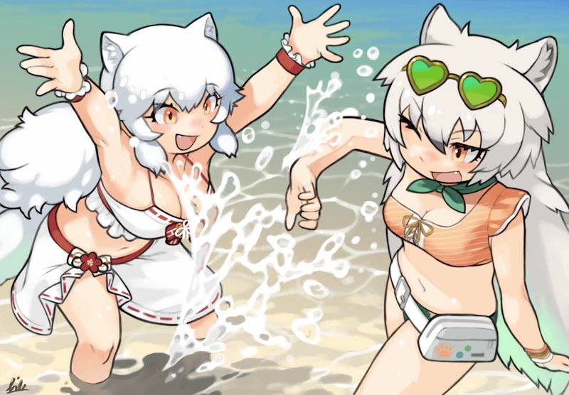 2girls animal_ears arctic_fox_(kemono_friends) arctic_wolf_(kemono_friends) bare_shoulders beach bikini blush bow bowtie bracelet eyewear_on_head fang fox_ears fox_girl fox_tail frilled_bikini frills green_bikini green_bow green_bowtie grey_hair hair_between_eyes heart heart-shaped_eyewear jewelry kemono_friends kemono_friends_3 long_hair midriff multicolored_hair multiple_girls navel ocean official_alternate_costume one_eye_closed open_mouth orange_bikini orange_eyes red_trim rinx sarong sidelocks sleeveless smile splashing swimsuit tail wading white_bikini white_hair white_sarong wolf_ears wolf_girl wolf_tail wrist_cuffs