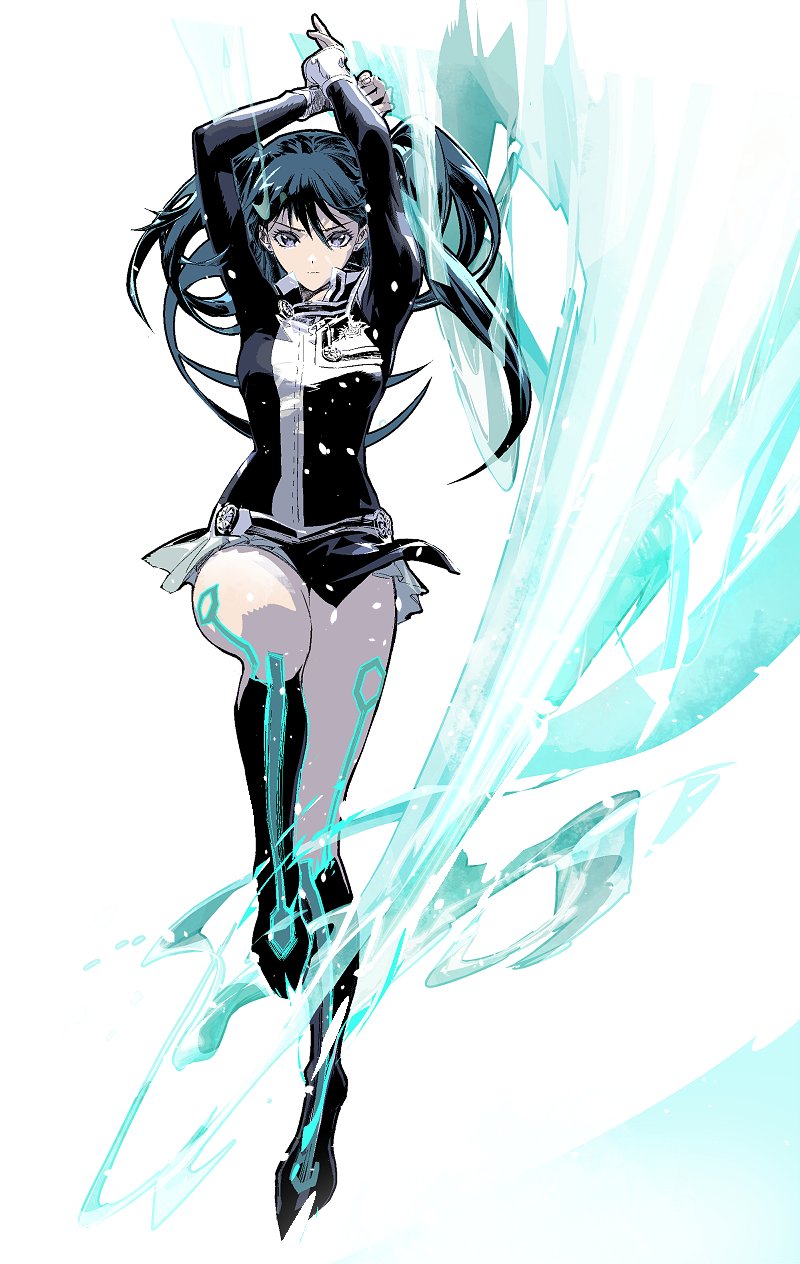 1girl black_footwear black_jacket black_order_uniform black_skirt body_markings boots cofffee d.gray-man energy glowing_markings green_hair hair_between_eyes highres jacket lenalee_lee long_hair looking_at_viewer military_jacket miniskirt skirt solo thighs white_background