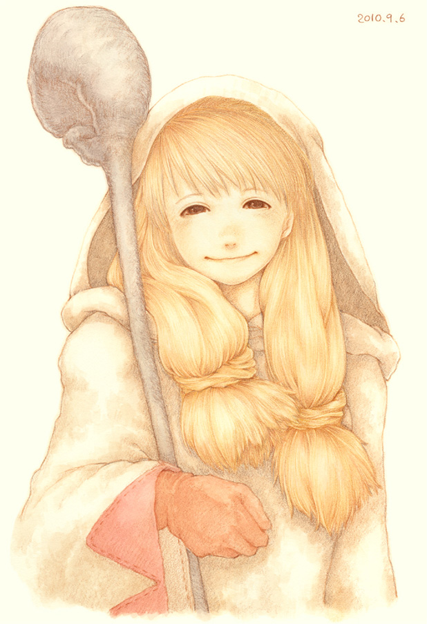 1girl blonde_hair brown_eyes female_focus final_fantasy final_fantasy_tactics gloves hood jiffy long_hair robe solo staff white_background white_mage white_mage_(fft) white_mage_(final_fantasy)