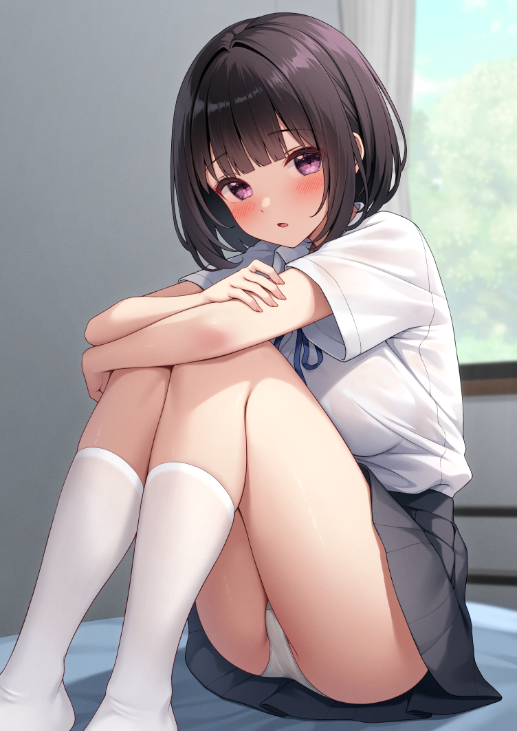 1girl black_hair black_skirt blush bob_cut commentary_request indoors inoue_yurina karutamo knees_up looking_at_viewer miniskirt original panties pleated_skirt purple_eyes school_uniform shirt short_hair short_sleeves sitting skirt socks solo underwear white_panties white_shirt white_socks