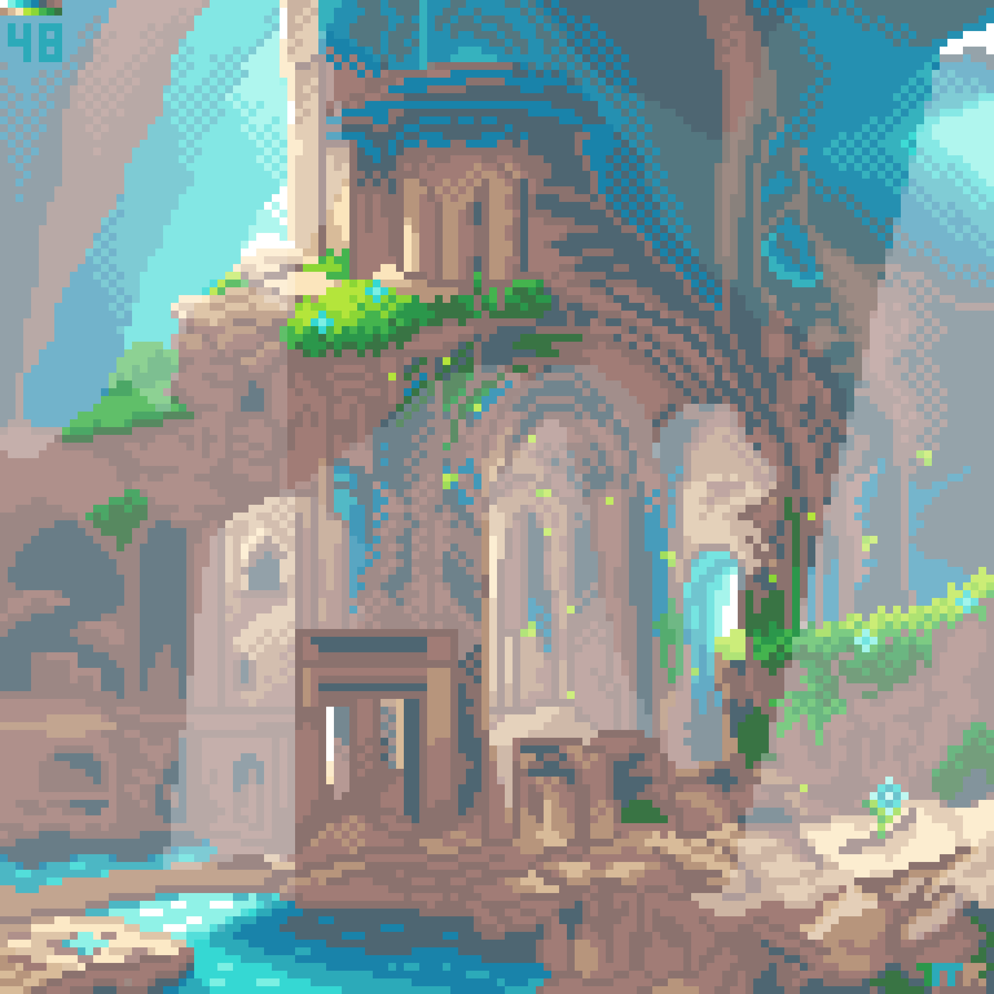 abandoned building cave day fantasy highres moss no_humans original overgrown pixel_art plant retro_artstyle ruins scenery sunlight temple tomoruka_mr water