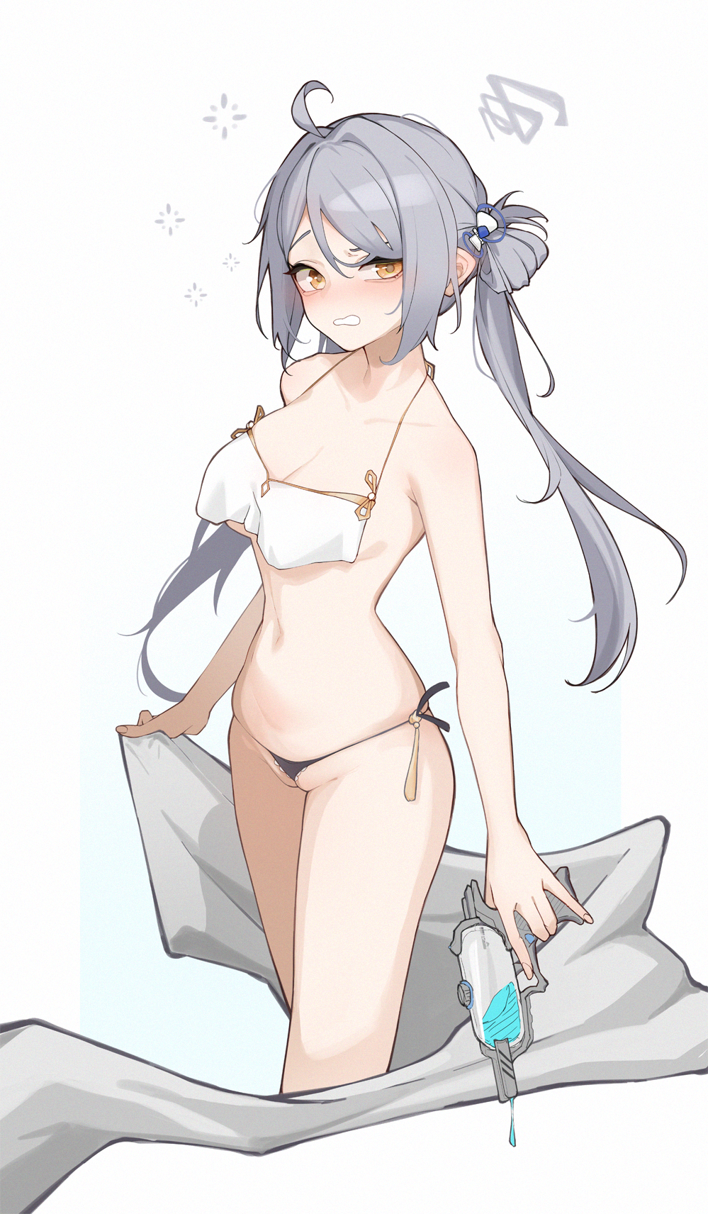 1girl acacia_(snowbreak) ahoge bikini blush breasts cleavage collarbone embarrassed glaring gold_trim grey_hair hair_tie highres holding holding_cloth holding_water_gun inniyik long_hair looking_at_viewer medium_breasts navel open_mouth scowl simple_background snowbreak:_containment_zone solo stomach string_bikini swimsuit water_gun wavy_mouth white_background yellow_eyes