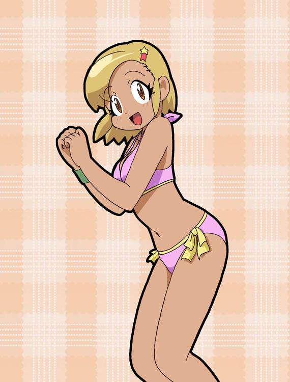 1girl angol_mois anifamu bikini blonde_hair brown_eyes dark_skin gyaru hair_ornament hairclip keroro_gunsou short_hair swimsuit