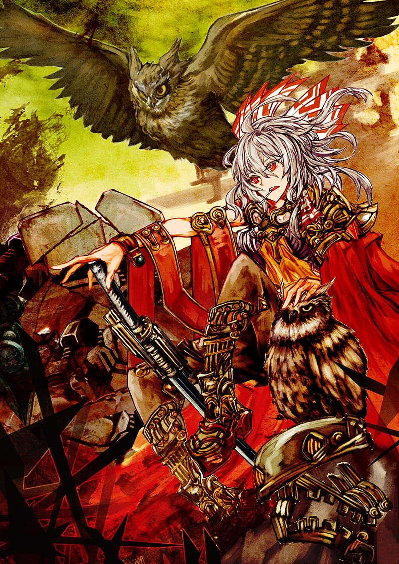 1girl akasia alternate_costume armor bird bow cape fujiwara_no_mokou hair_bow long_hair owl red_eyes sword touhou weapon white_hair