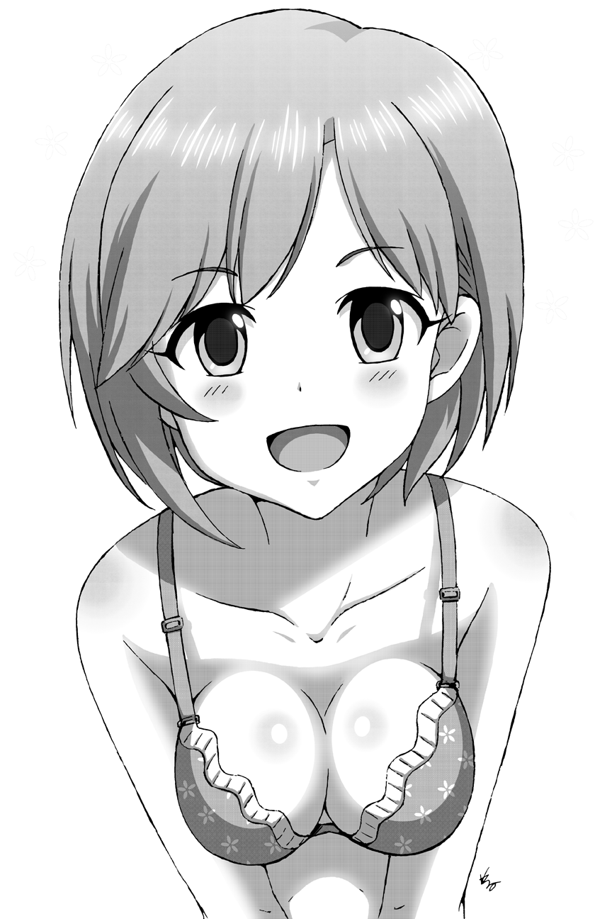 1girl aiba_yumi blush bra breasts cleavage highres idolmaster idolmaster_cinderella_girls looking_at_viewer medium_breasts monochrome open_mouth short_hair smile solo tongue underwear upper_body vzmk2