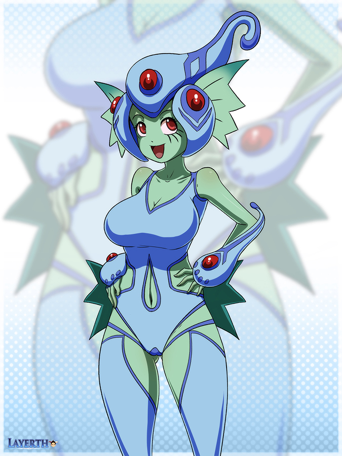 1girl blue_one-piece_swimsuit clothing_cutout digimon digimon_(creature) digimon_frontier fins frog_girl hands_on_own_hips helmet layerth monster_girl navel navel_cutout one-piece_swimsuit ranamon swimsuit wide_hips