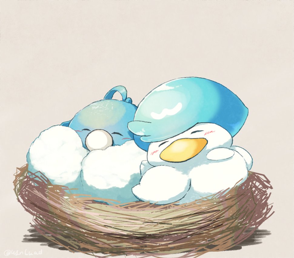 ^_^ bird blush closed_eyes commentary_request creatures_(company) facing_viewer game_freak gen_3_pokemon grey_background happy in_nest nest nintendo no_humans pokemon pokemon_(creature) quaxly simple_background swablu uin6uad