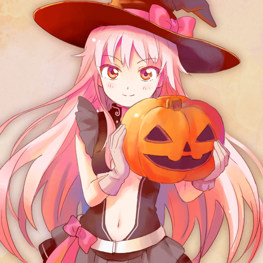 1girl female_focus hat jack-o&#039;-lantern long_hair looking_at_viewer navel original shatiko smile solo very_long_hair witch_hat