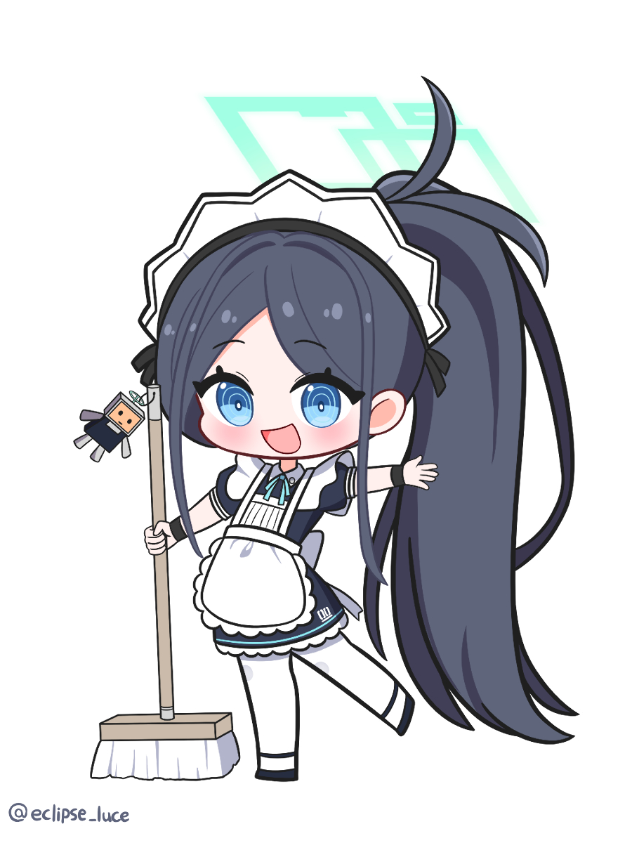 1girl :d absurdly_long_hair apron aris_(blue_archive) aris_(maid)_(blue_archive) black_dress black_footwear black_hair blue_archive blue_eyes blue_halo blue_ribbon chibi dress frilled_apron frilled_dress frills halo highres holding holding_mop kei_(robot)_(blue_archive) long_hair luceee maid_apron maid_headdress mop neck_ribbon open_mouth pantyhose parted_bangs ponytail ribbon short_sleeves simple_background smile solo twitter_username very_long_hair white_apron white_background white_pantyhose