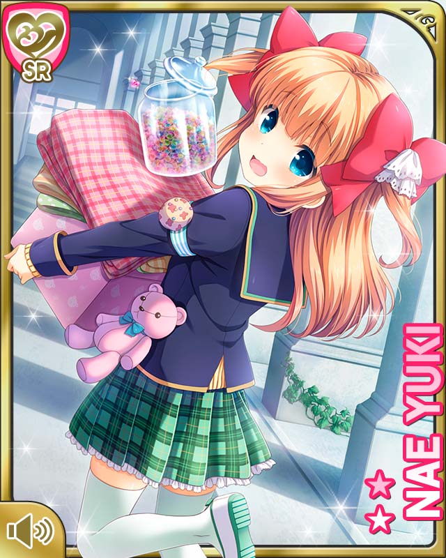 1girl :o argyle_clothes argyle_thighhighs beads blue_eyes bow bowtie brown_hair card_(medium) day girlfriend_(kari) glass_jar hair_bow hallway indoors looking_at_viewer mary_janes official_art open_mouth plaid_clothes plaid_skirt qp:flapper ribbon school_uniform shoes skirt solo stuffed_animal stuffed_toy tagme teddy_bear thighhighs two_side_up white_thighhighs yuuki_nae