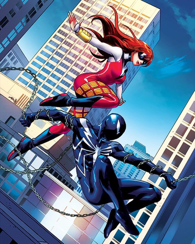 1boy 1girl anand_ramcheron black_bodysuit blue_sky bodysuit building city day jackpot_(marvel) long_hair marvel mary_jane_watson multicolored_bodysuit multicolored_clothes outdoors red_bodysuit red_hair sky skyscraper spider-man spider-man_(series) superhero_costume symbiote venom_(marvel) white_bodysuit