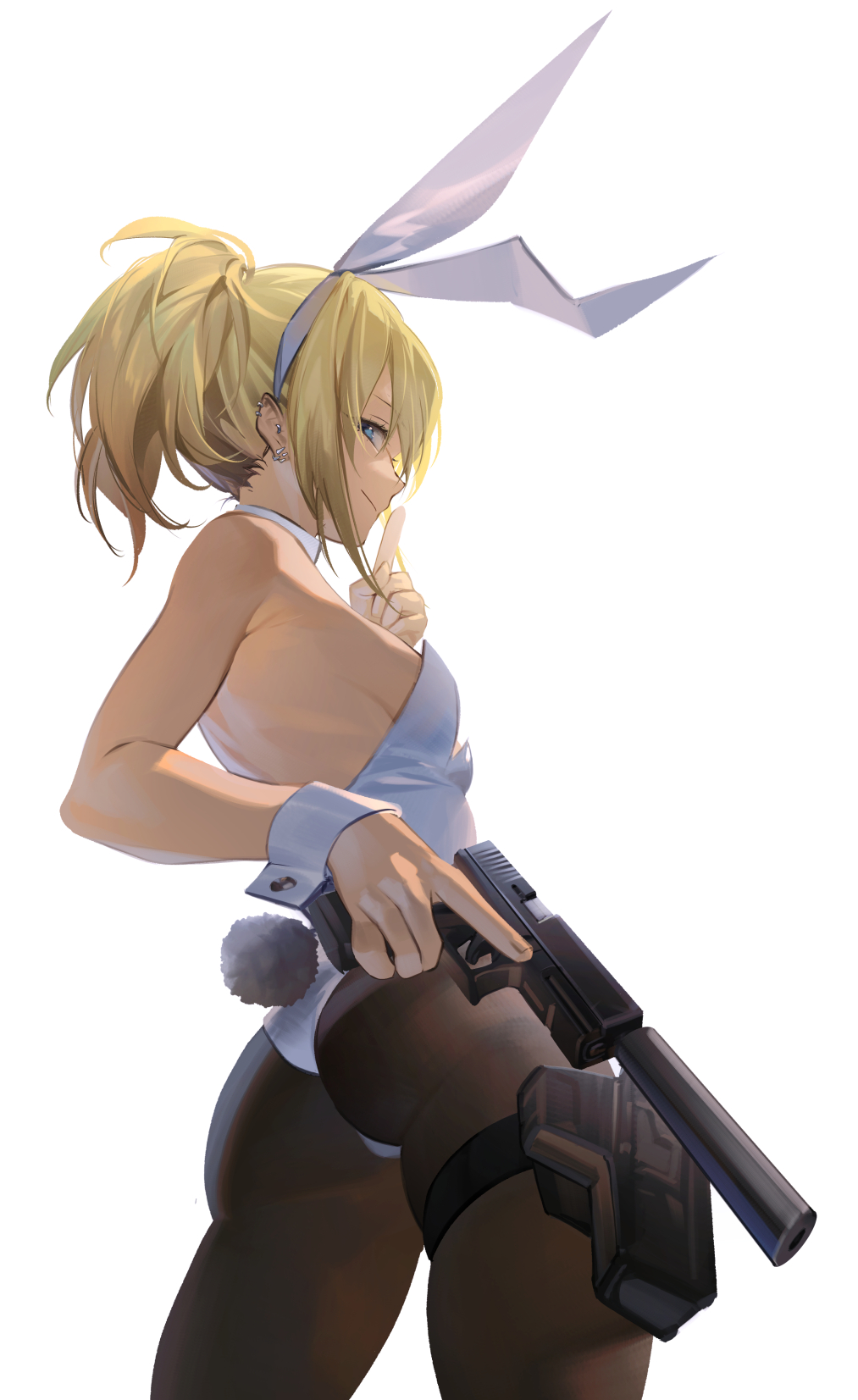 1girl animal_ears ass backless_leotard black_pantyhose blonde_hair blue_eyes breasts closed_mouth commentary_request cowboy_shot detached_collar ear_piercing fake_animal_ears fake_tail finger_to_mouth from_behind glock gun handgun highres holding holding_gun holding_weapon holster jewelry leotard looking_at_viewer mixed-language_commentary original pantyhose piercing playboy_bunny ponytail rabbit_ears rabbit_tail rff_(3_percent) short_hair shushing sideboob simple_background solo suppressor tail thigh_holster trigger_discipline weapon white_background white_leotard wrist_cuffs