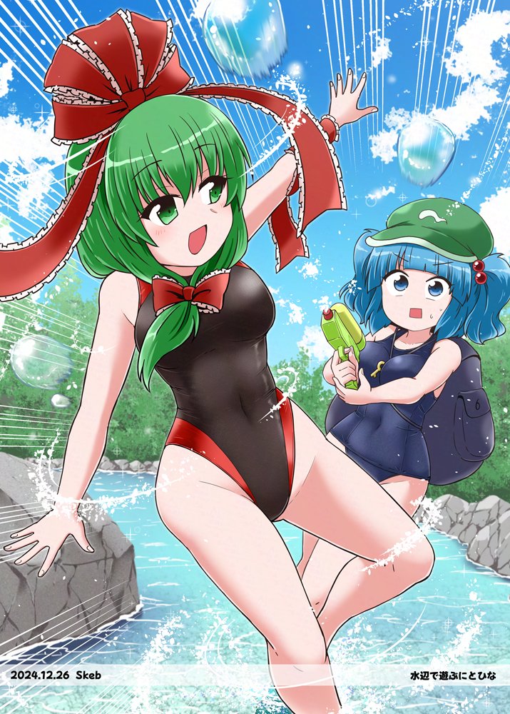 2girls blue_eyes blue_hair bow breasts commission front_ponytail green_eyes green_hair kagiyama_hina kawashiro_nitori kousei_(public_planet) multiple_girls one-piece_swimsuit outdoors red_bow red_ribbon ribbon skeb_commission smile swimsuit touhou water