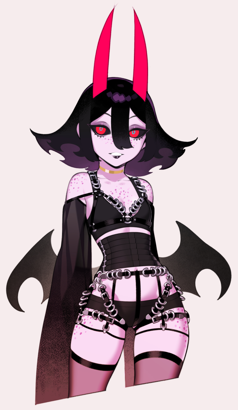 1girl bare_shoulders black_bra black_hair black_lips black_lips black_panties black_sclera body_freckles bra choker colored_inner_hair colored_sclera commentary commission cowboy_shot cropped_legs demon_girl detached_sleeves english_commentary flat_chest freckles grey_background halphelt highres horns lipstick long_sleeves looking_at_viewer low_wings makeup medium_hair multicolored_hair nes_(halphelt) original panties red_eyes simple_background sleeves_past_fingers sleeves_past_wrists smile solo standing underbust underwear very_long_sleeves wings yellow_choker