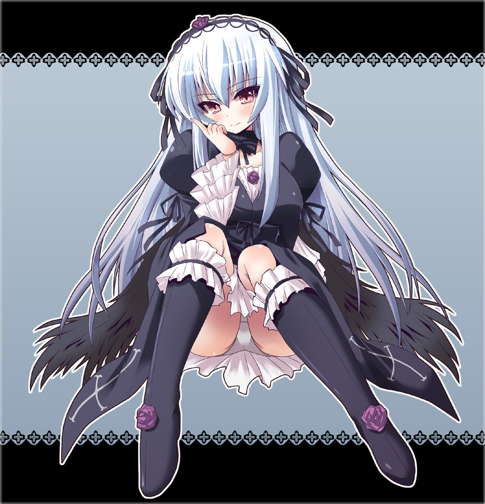 00s 1girl blush boots dress female_focus frilled_thighhighs frills knee_boots panties pantyshot ribbon rozen_maiden shinshin silver_hair smile solo suigintou thighhighs underwear upskirt