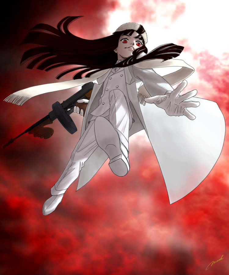 1girl aged_down alucard_(hellsing) black_hair drum_magazine female_focus full_body fur_hat gender_request genderswap girlycard gloves gun hat hellsing hellsing:_the_dawn high-capacity_magazine magazine_(weapon) moto_ho outdoors red_eyes sky solo submachine_gun thompson_submachine_gun vampire weapon