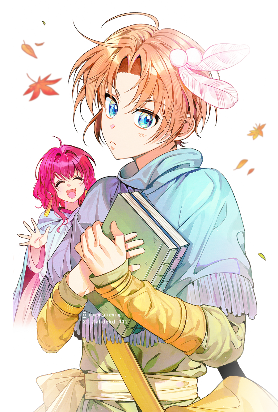 ahdqkd 112, yona (akatsuki no yona), yoon (akatsuki no yona), akatsuki no  yona, highres, 1boy, 1girl, :d, autumn leaves, bag, blue capelet, blue  eyes, book, brown hair, capelet, earrings, feather hair ornament,