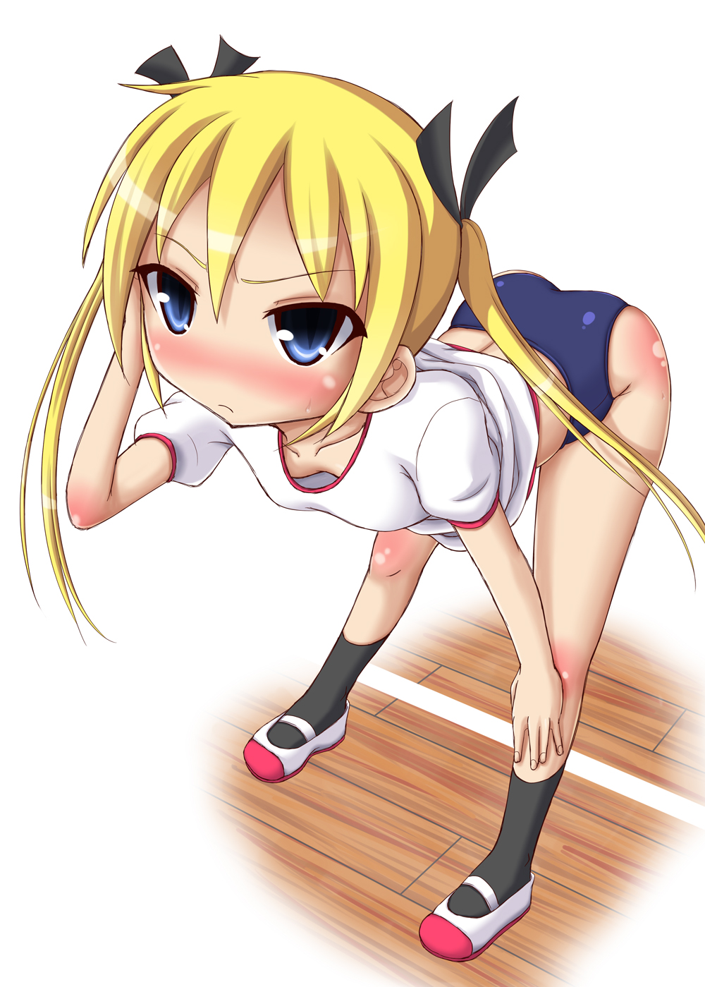 1girl blonde_hair blue_eyes blush buruma downblouse gym_uniform highres houbunsha kill_me_baby long_hair sonya_(kill_me_baby) tenrai_(temple) twintails