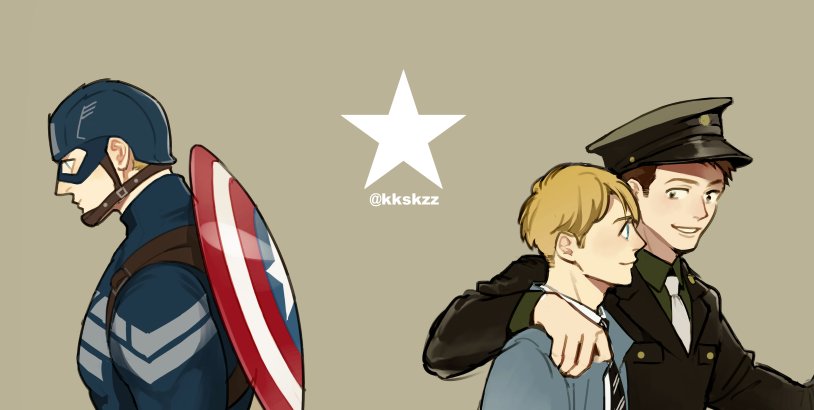 2boys blonde_hair bucky_barnes captain_america eye_mask green_background hat looking_at_another male_focus marvel marvel_cinematic_universe meiji_(pecosyr5) military_hat multiple_boys necktie profile shield shield_on_back short_hair simple_background smile star_(symbol) steve_rogers superhero_costume twitter_username white_necktie