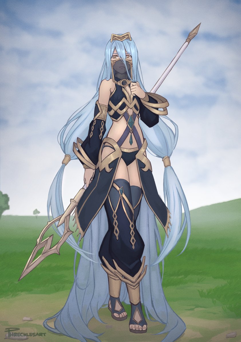 1girl absurdly_long_hair anklet arabian_clothes armlet azura_(fire_emblem) barefoot blue_hair bracelet breasts circlet commission cosplay dancer dress elbow_gloves fingerless_gloves fire_emblem fire_emblem_fates fire_emblem_warriors gloves hair_between_eyes hairband harem_outfit jewelry long_hair looking_at_viewer mouth_veil nintendo olivia_(fire_emblem)_(cosplay) phrecklesart sandals solo veil very_long_hair yellow_eyes