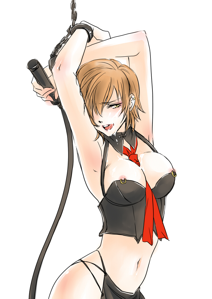 1girl armpits arms_up b.m. bdsm blush bondage bound breasts brown_eyes brown_hair chain cuffs cum cum_on_body female_focus licking_lips looking_at_viewer meiko_(vocaloid) navel necktie nipple_piercing nipples piercing short_hair solo tongue tongue_out vocaloid whip