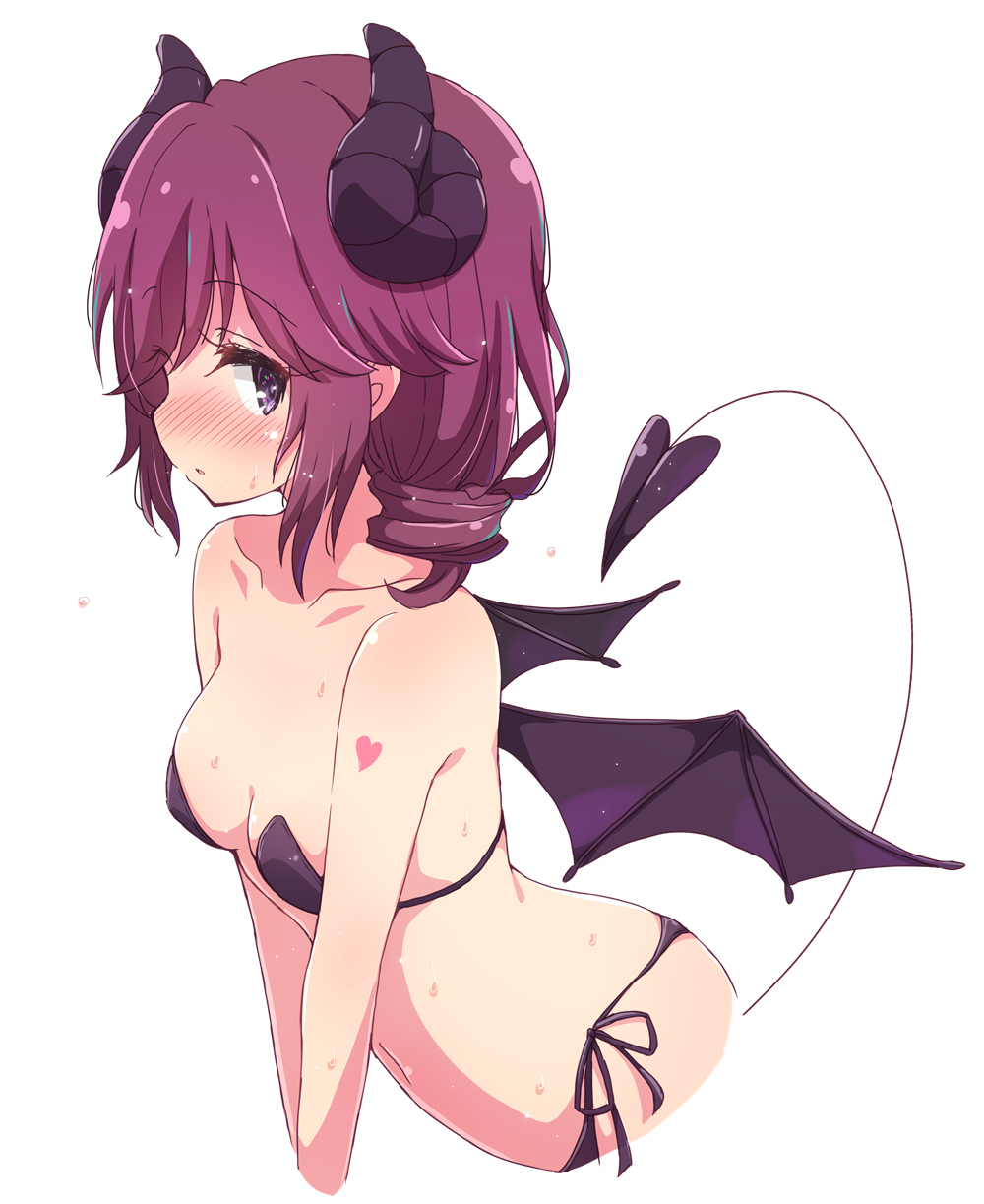 1girl bikini black_bikini breasts cleavage closed_mouth commentary_request curled_horns demon_girl demon_horns demon_tail demon_wings drill_hair heart heart_tattoo highres horns looking_at_viewer machikado_mazoku mel_(melty_pot) navel purple_eyes purple_hair short_hair side-tie_bikini_bottom simple_background small_breasts solo sweat swimsuit tail tattoo white_background wings yoshida_ryouko