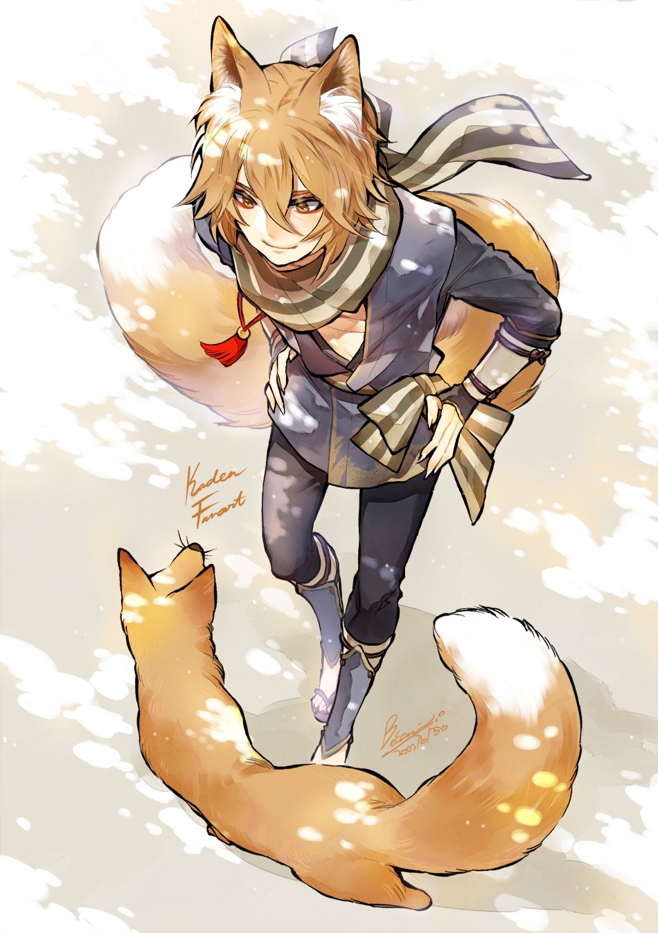 1boy animal_ears enissaceb fire_emblem fire_emblem_fates fox fox_boy fox_ears fox_tail hands_on_own_hips highres kaden_(fire_emblem) kitsune nintendo orange_hair scarf striped_clothes striped_scarf tail