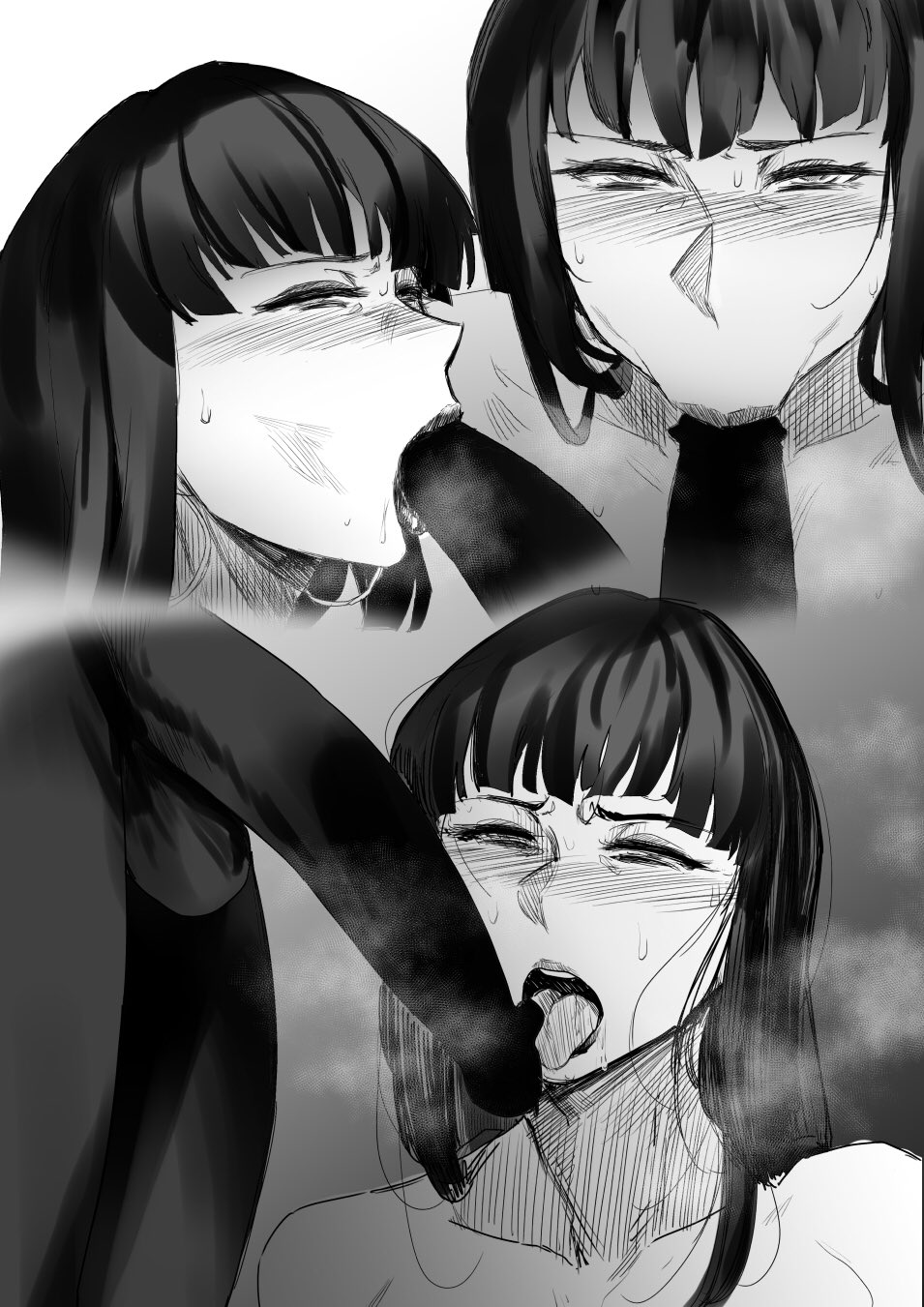 1boy 1girl black_beat blush dark-skinned_male dark_skin fellatio girls_und_panzer hetero highres interracial long_hair mature_female monochrome multiple_views nishizumi_shiho open_mouth oral sketch sweat tongue tongue_out