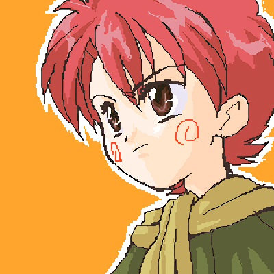 1990s_(style) 1boy akazukin_chacha cheek_swirl head lowres male_focus popy red_hair solo