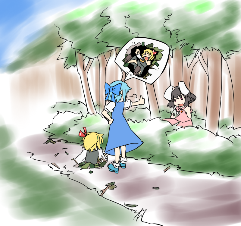 3girls animal_ears black_hair blonde_hair blue_hair bow cirno dress failure hair_bow hihachi inaba_tewi multiple_girls rabbit_ears rumia short_hair thumbs_up touhou