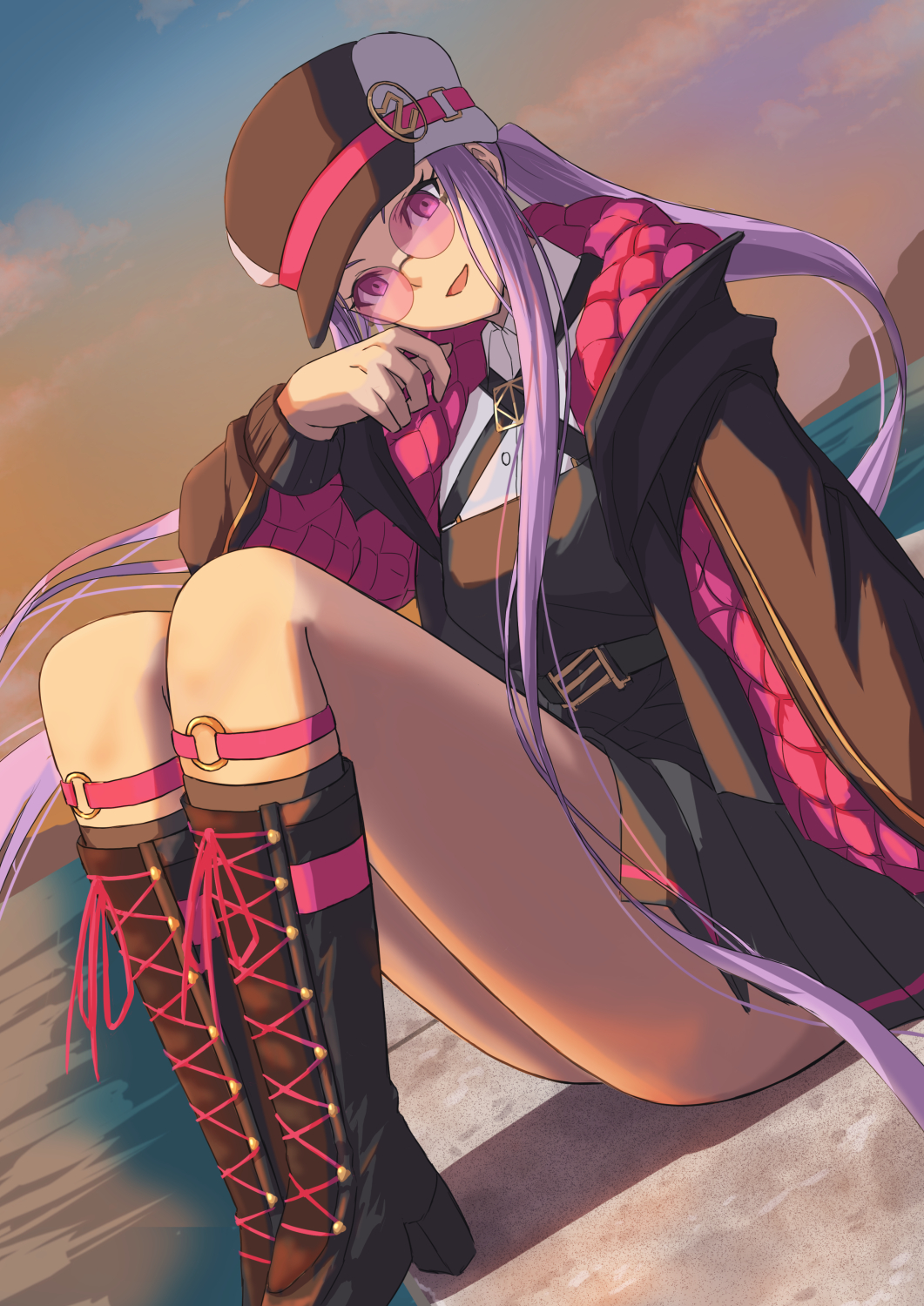 1girl black_footwear boots breasts fate/grand_order fate_(series) glasses highres knee_boots ksfactory large_breasts long_hair long_sleeves looking_at_viewer medusa_(fate) medusa_(saber)_(fate) medusa_(saber)_(first_ascension)_(fate) pink-tinted_eyewear purple_eyes purple_hair round_eyewear smile solo sunglasses thighs tinted_eyewear very_long_hair