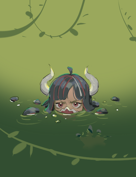 1girl ahoge blue_hair covered_mouth curled_horns green_water horns mask mouth_mask mouth_under_water multicolored_hair one_piece partially_submerged pink_eyes pink_hair pink_mask plant raine_(acke2445) solo streaked_hair ulti_(one_piece) vines water wetland white_horns