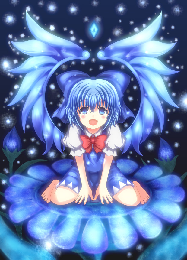 1girl blue_eyes blue_hair blush_stickers bow cirno crystal dress female_focus flower gem gidoh01 gidou_maruta hair_bow looking_up matching_hair/eyes plant rose short_sleeves sitting solo touhou wings