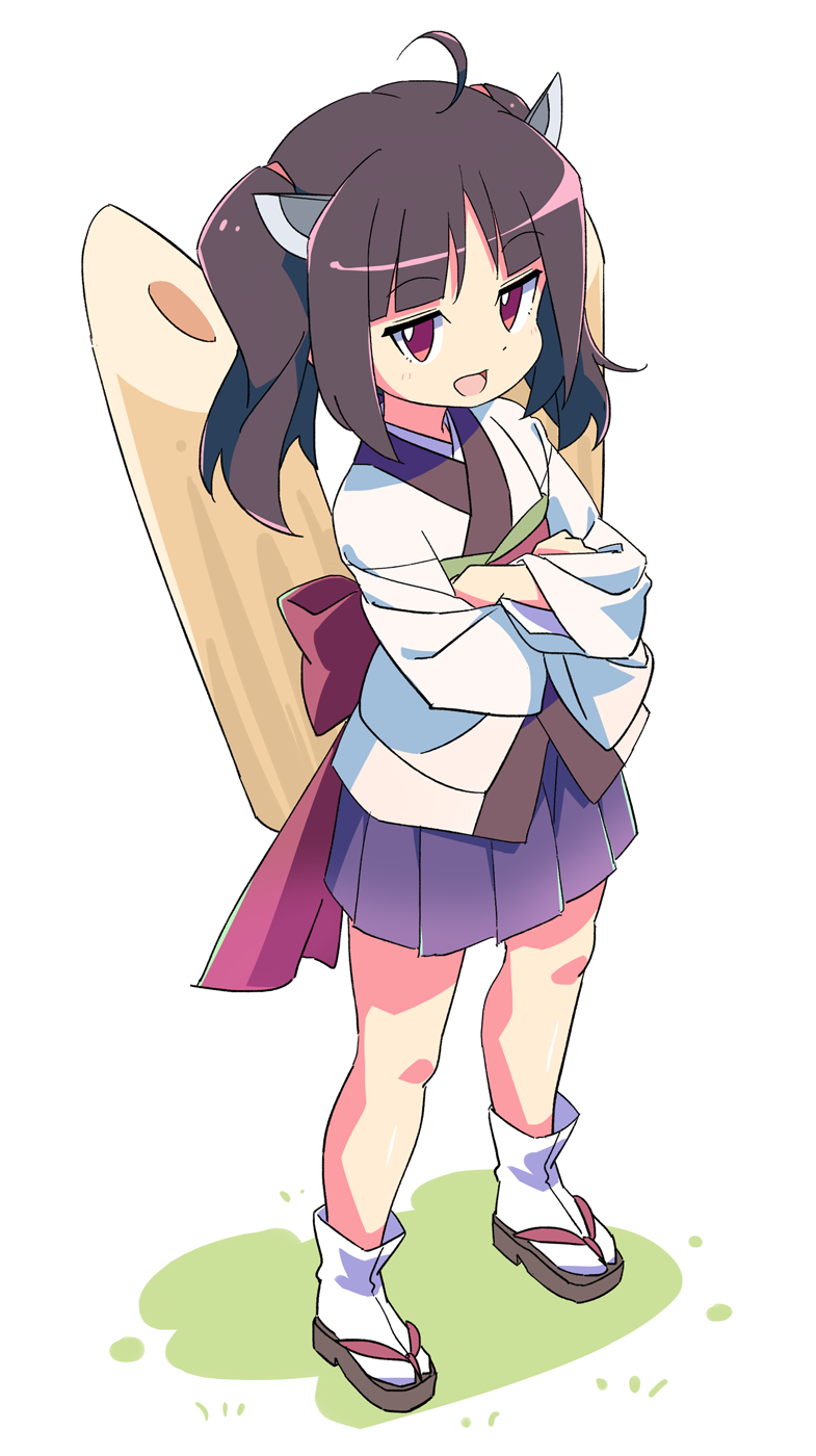 1girl :d ahoge back_bow blush bow brown_footwear brown_hair commentary_request crossed_arms full_body geta headgear highres japanese_clothes kimono kiritanpo_(food) long_sleeves medium_hair obi obiage open_mouth parted_bangs pleated_skirt purple_skirt red_bow red_eyes roku_no_hito sash short_kimono simple_background skirt smile solo standing tabi touhoku_kiritan twintails voiceroid white_background white_kimono