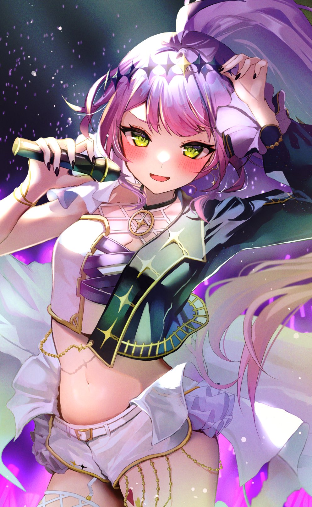 1girl alternate_costume alternate_hairstyle asymmetrical_clothes black_jacket black_nails blush bracelet breasts circlet cleavage commentary concert cowboy_shot crop_top fishnet_thighhighs fishnets frilled_sleeves frills garter_straps glowstick gold_trim green_eyes highres holding holding_microphone hololive jacket jewelry long_hair looking_at_viewer micro_shorts microphone nail_polish navel open_mouth ponytail purple_hair short_shorts shorts single_thighhigh small_breasts smile solo standing stomach swept_bangs tako_8_yaki thighhighs tokoyami_towa tokoyami_towa_(break_your_xxx) virtual_youtuber waist_cape white_shorts white_thighhighs