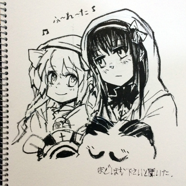 10s 2girls akemi_homura akuma_homura anthony_(madoka_magica) blanket choker facial_hair gloves greyscale hair_ribbon hands_on_another&#039;s_head kaname_madoka looking_at_another mahou_shoujo_madoka_magica mahou_shoujo_madoka_magica:_hangyaku_no_monogatari monochrome multiple_girls musical_note mustache photo_(medium) pyotr_(madoka_magica) ribbon ribbon_choker silverxp sketchbook smile spoilers traditional_media