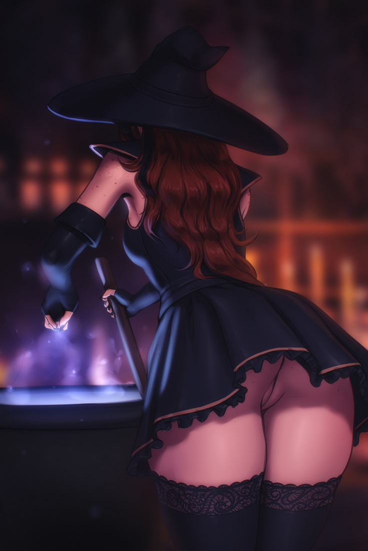 1girl black_dress black_gloves black_thighhighs blurry blurry_background brown_hair cauldron censored cleft_of_venus dress facing_away fingerless_gloves fleur_(personal_ami) freckles from_behind gloves hat leaning_forward long_hair no_panties original personal_ami pussy solo thighhighs upskirt witch_hat