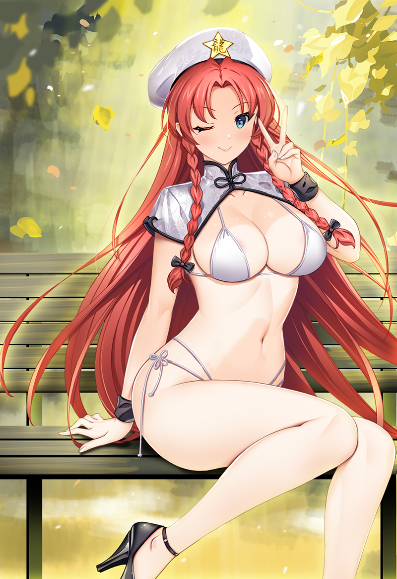 alternate_costume bikini blue_eyes braid breasts hat hat_ornament hataraki_kuma hong_meiling large_breasts long_hair looking_at_viewer on_bench one_eye_closed red_hair side_braids sitting smile star_(symbol) star_hat_ornament swimsuit touhou v white_bikini white_hat