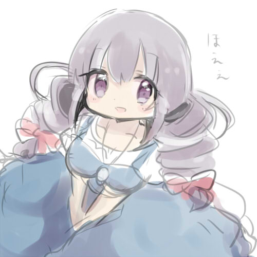 10s 1girl :d bow braid breasts chibi dress female_focus grey_hair hair_bow idolmaster idolmaster_cinderella_girls jewelry long_hair lowres nasa_yu necklace open_mouth purple_eyes sakakibara_satomi smile solo twin_braids