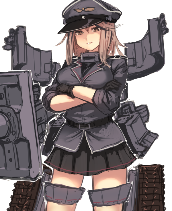 1girl black_gloves black_shirt black_skirt breasts brown_eyes crossed_arms female_focus gloves grey_hat grey_jacket grin hat jacket large_breasts light_brown_hair looking_at_viewer machinery medium_hair original peaked_cap pleated_skirt shirt sidelocks simple_background skirt smile solo striped_clothes striped_skirt tank_gun tiger_i_(personification) upper_body utopia white_background