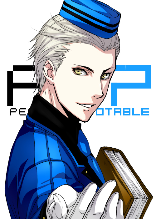 1boy artist_request atlus bad_id bad_pixiv_id book gloves hat male_focus persona persona_3 persona_3_portable short_hair silver_hair solo theodore_(persona) typo white_background yellow_eyes yoshizumi_shuu