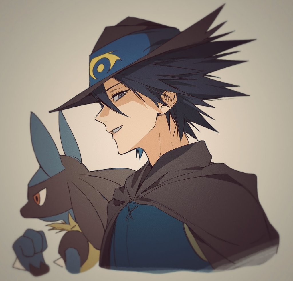 1boy black_cloak black_hat blue_eyes blue_hair blue_vest cloak commentary_request creatures_(company) from_side game_freak gen_4_pokemon hat korean_commentary looking_at_viewer lucario m_m_pb male_focus mixed-language_commentary nintendo parted_lips pokemon pokemon:_lucario_and_the_mystery_of_mew pokemon_(anime) pokemon_(creature) pokemon_rse_(anime) simple_background sir_aaron smile spiked_hair vest