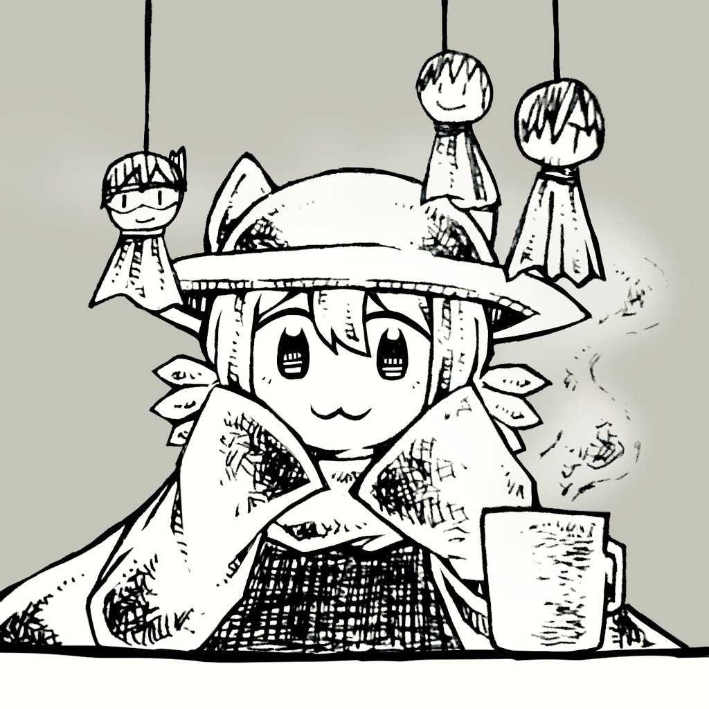 1other :3 androgynous animal_ears cat_ears co8 coffee hat monochrome niko_(oneshot) oneshot_(game) scarf smile teruterubouzu tunic