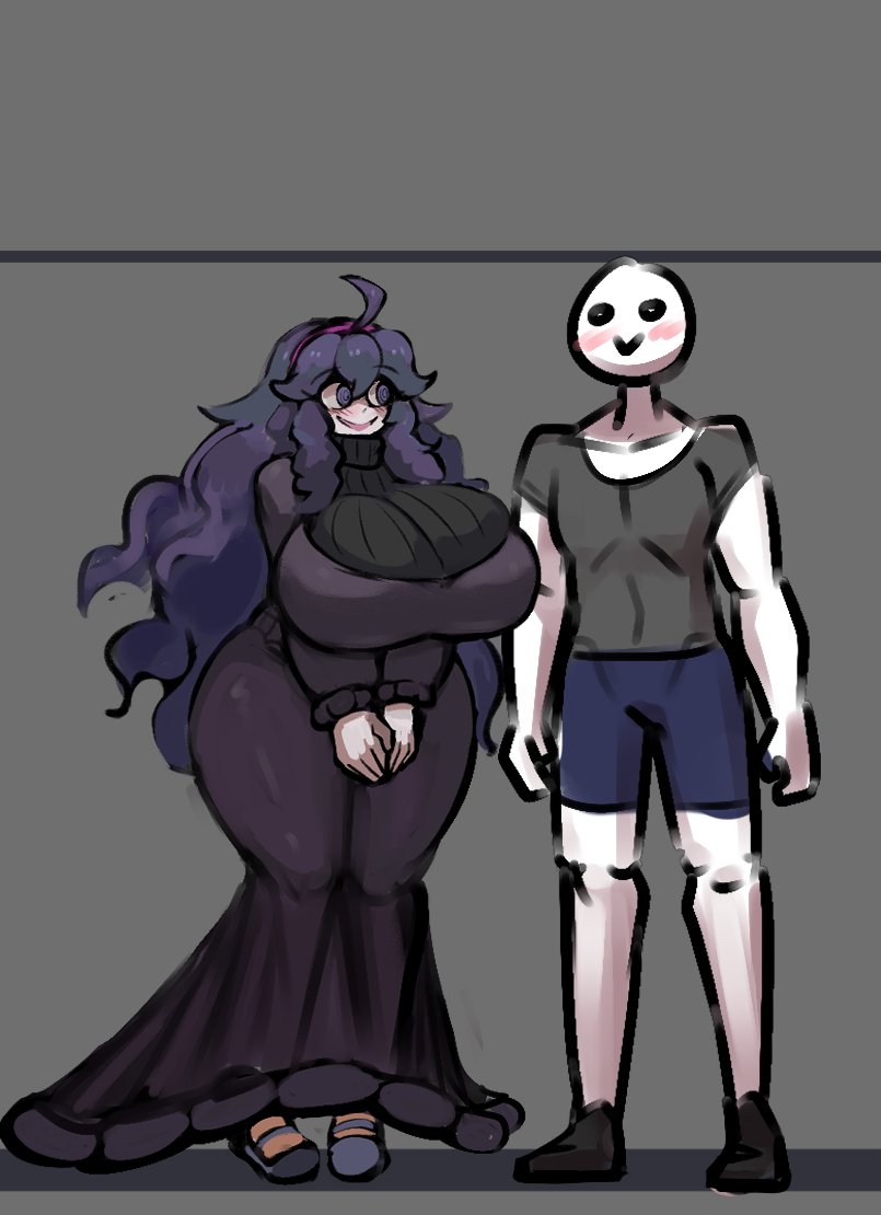 1boy 1girl @_@ ahoge breasts creatures_(company) curvy dress game_freak gigantic_breasts gipehtyboo hex_maniac_(pokemon) nintendo plump pokemon pokemon_xy purple_dress purple_eyes thick_thighs thighs wide_hips