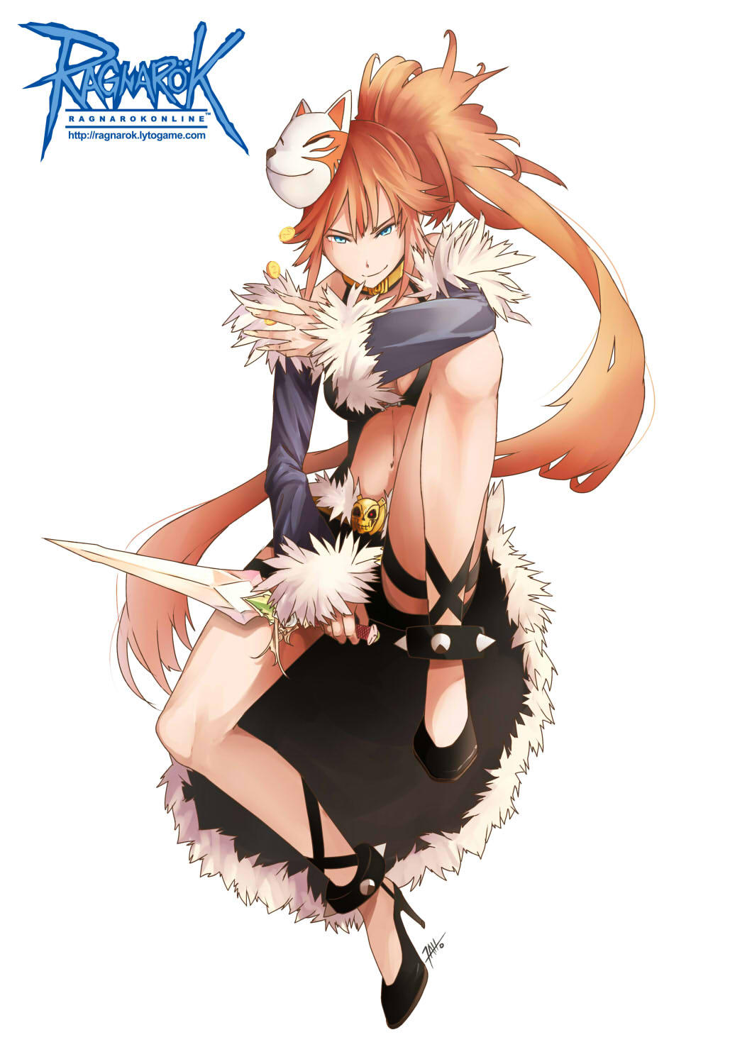 1girl black_shorts black_tank_top blue_eyes blue_sleeves breasts cape closed_mouth clothing_cutout commentary dagger detached_sleeves english_commentary fox_mask full_body fur-trimmed_cape fur-trimmed_sleeves fur_trim grey_cape high_heels high_ponytail highres holding holding_dagger holding_knife holding_weapon knife looking_at_viewer mask mask_on_head medium_breasts nathan_stefv navel orange_hair ponytail ragnarok_online reverse_grip short_shorts shorts simple_background sitting smile solo spiked_anklet stalker_(ragnarok_online) stomach_cutout tank_top waist_cape weapon white_background