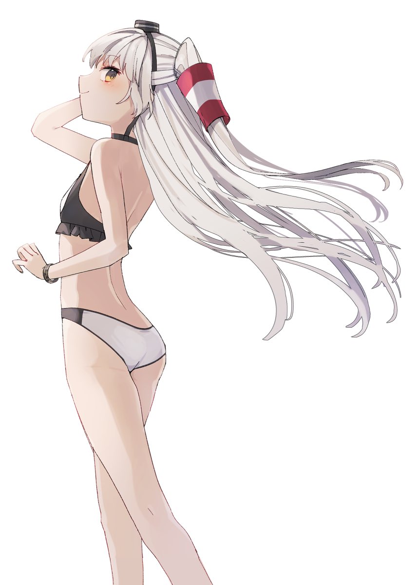 1girl amatsukaze_(kancolle) amatsukaze_(swimsuit_mode)_(kancolle) bikini black_bikini blush brown_eyes cowboy_shot grey_hair hair_tubes hairband highres kantai_collection long_hair looking_at_viewer multicolored_bikini smile solo swimsuit two-tone_bikini two_side_up white_background white_bikini yamashichi_(mtseven)